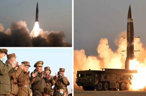 ▲2021년 3월 25일 북한의 신형 전술유도탄 발사장면.
