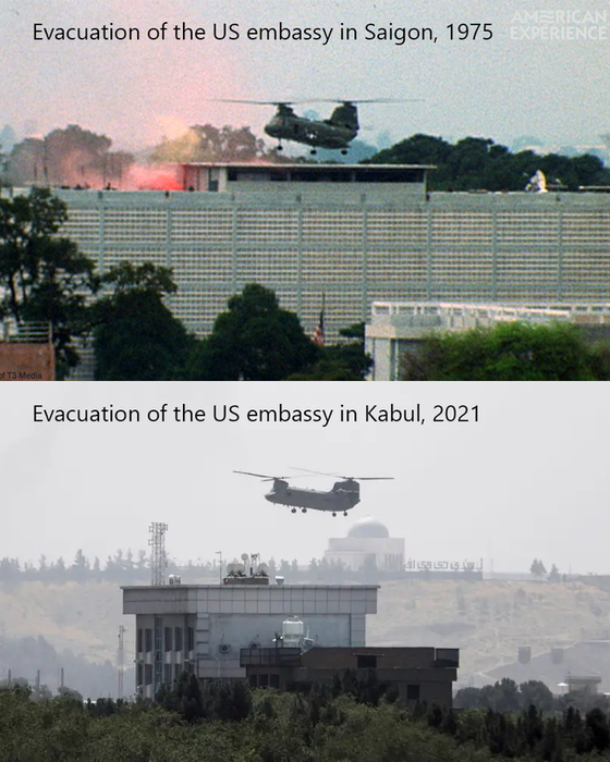 ▲(위) 1975년 4월 30일 베트남 사이공에 있는 미 대사관에서 탈출하는 장면 (아래) 2021년 8월 15일 아프간 카불에 있는 미국 대사관의 모습
