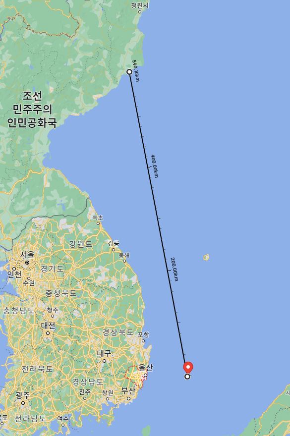 ▲ 북한이 공개한 탄착 좌표 위치.   [구글지도]